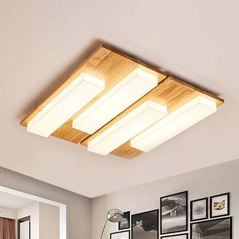 Japanese Style Rectangle Flushmount Light Wood Acrylic Beige LED Ceiling Lamp in Natural/White for Bathroom