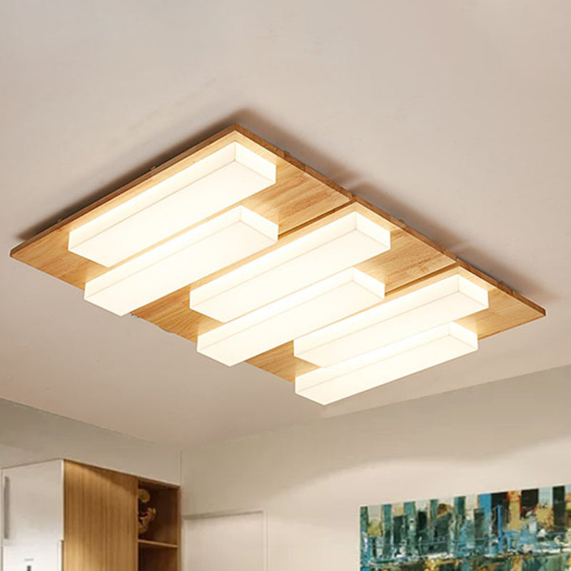 Japanese Style Rectangle Flushmount Light Wood Acrylic Beige LED Ceiling Lamp in Natural/White for Bathroom