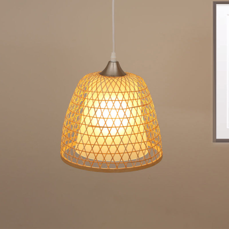 Asian Style Eimer Hanging Leuchte mit Kreuz gewebtes Design Bambus 1 Glühbirnenschlafzimmer -Anhängerlampe