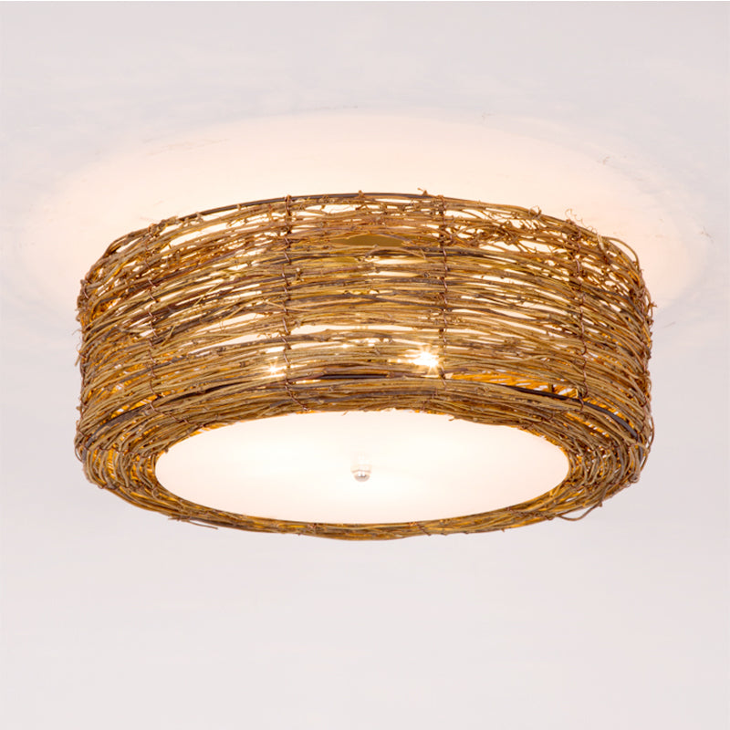 Hand-Woven Flush Mount Lamp with Round Shade Modern Rattan 3 Lights Bedroom Ceiling Light Fixture in Brown, 16"/19.5" W