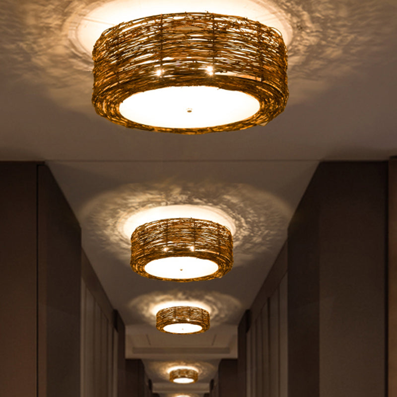Hand-Woven Flush Mount Lamp with Round Shade Modern Rattan 3 Lights Bedroom Ceiling Light Fixture in Brown, 16"/19.5" W