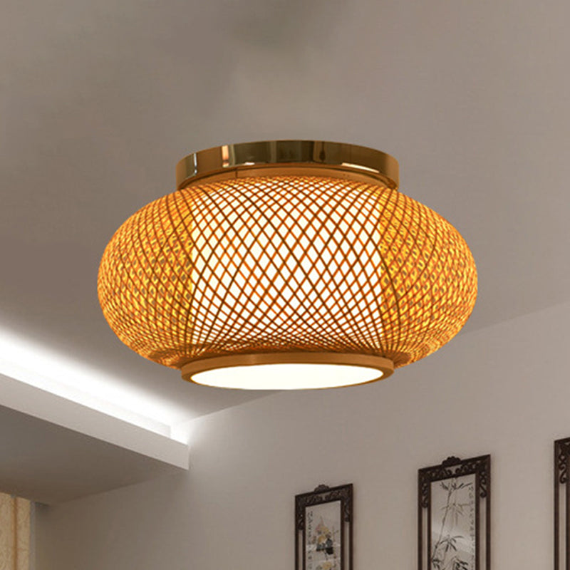 Yellow Lantern Shade Flush Light Contemporary Style 16"/19.5" Dia 1-Head Bamboo Ceiling Mounted Light for Living Room