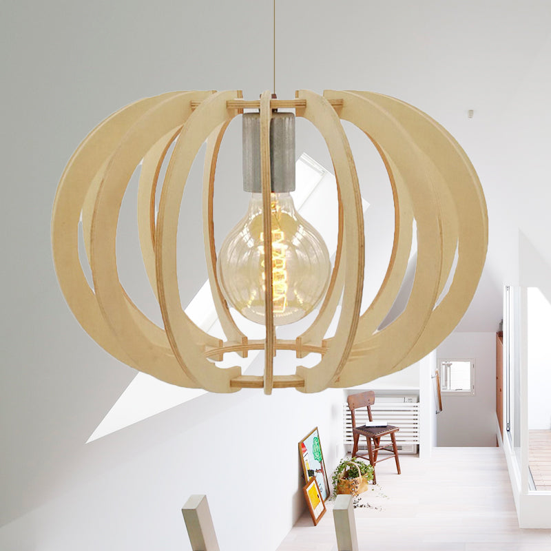 Contemporáneo de tambor redonda Madera clara 1 Restaurante ligero Luz colgante de lámpara en beige