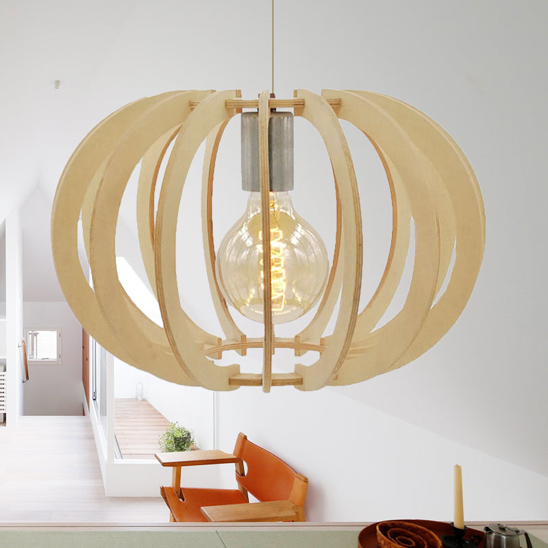 Contemporáneo de tambor redonda Madera clara 1 Restaurante ligero Luz colgante de lámpara en beige