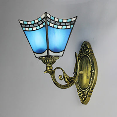 Nautical Wall Sconce with Dome/Swallow-Tail Shape Stained Glass 1 Light Wall Mount Light in Blue