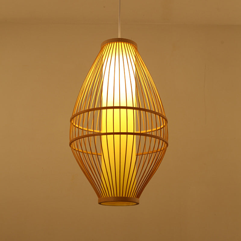 Beige Hand-Woven Hanging Light with Oval Shade Asian Style 1-Light Bamboo Pendant Lamp
