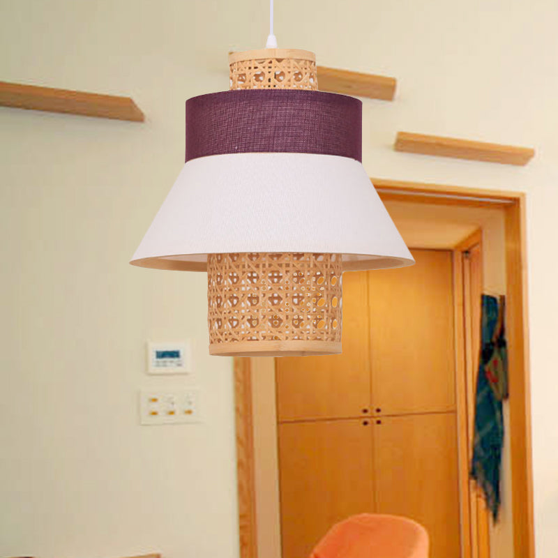 Hand-Worked Hanging Light Asian Style Green/Purple Fabric 1 Light Bedroom Pendant Lamp with Bamboo Interior Shade