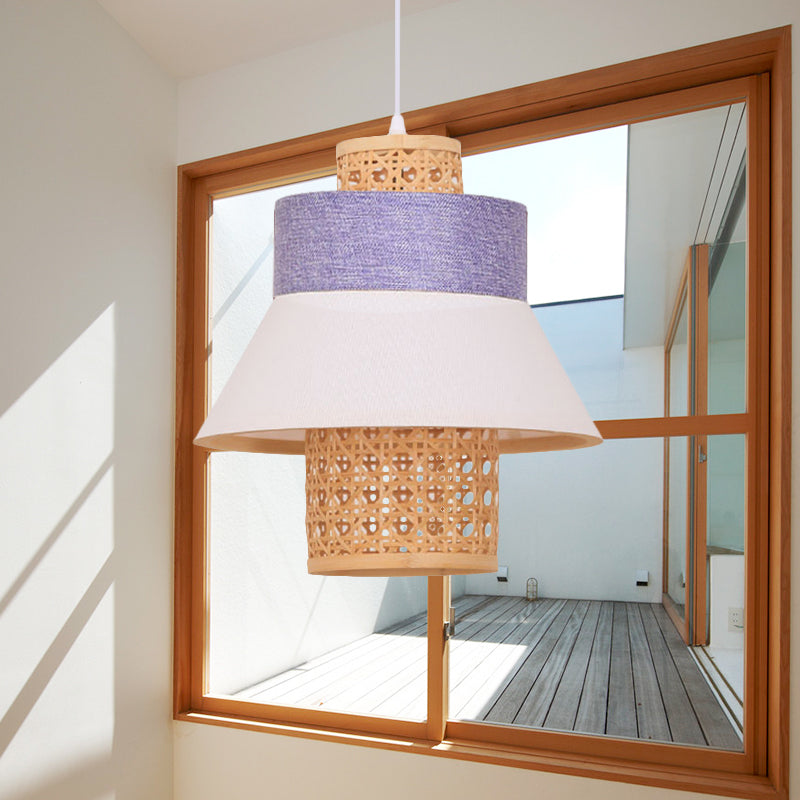 Hand-Worked Hanging Light Asian Style Green/Purple Fabric 1 Light Bedroom Pendant Lamp with Bamboo Interior Shade