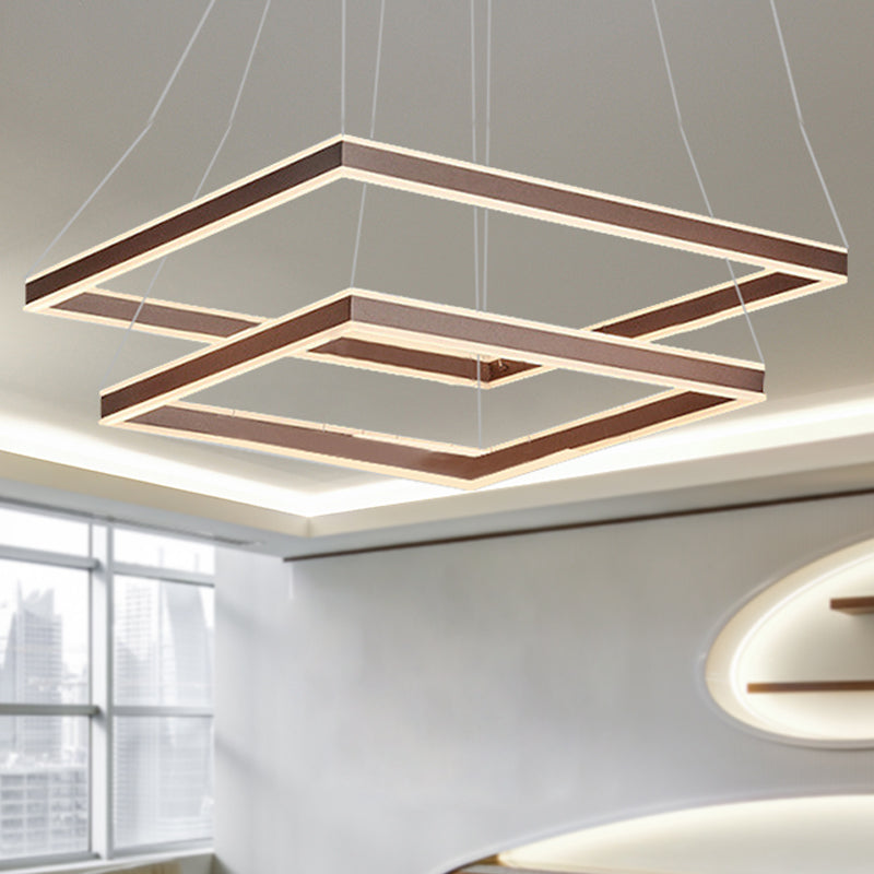 Square Ceiling Pendant Modern Acrylic 1/2/3-Head LED Brown Chandelier Light in Warm/White Light