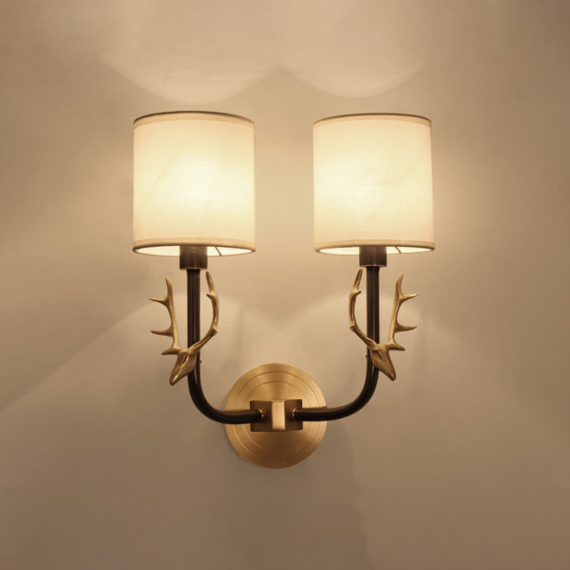 Modernism 1/2 Lights Wall Sconce with Fabric Shade Black/Gold Cylinder Wall Mount Light Fixture with Metal Antler