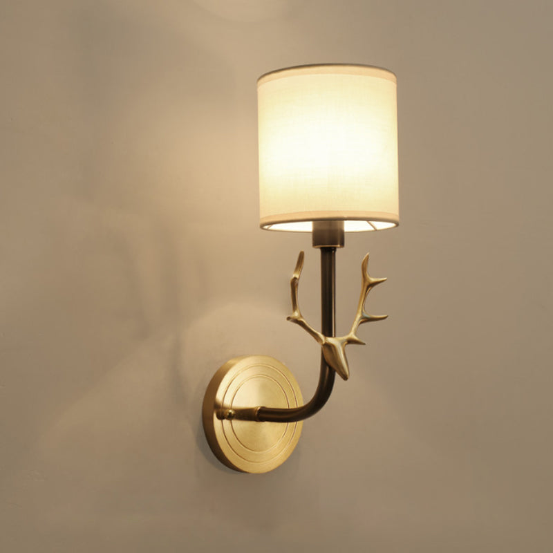 Modernism 1/2 Lights Wall Sconce with Fabric Shade Black/Gold Cylinder Wall Mount Light Fixture with Metal Antler