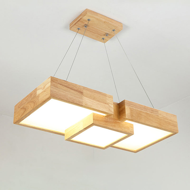 Modern Rhombus/Square LED Chandelier Pendant Wooden 3-Light Bedroom Ceiling Lamp in Warm/White