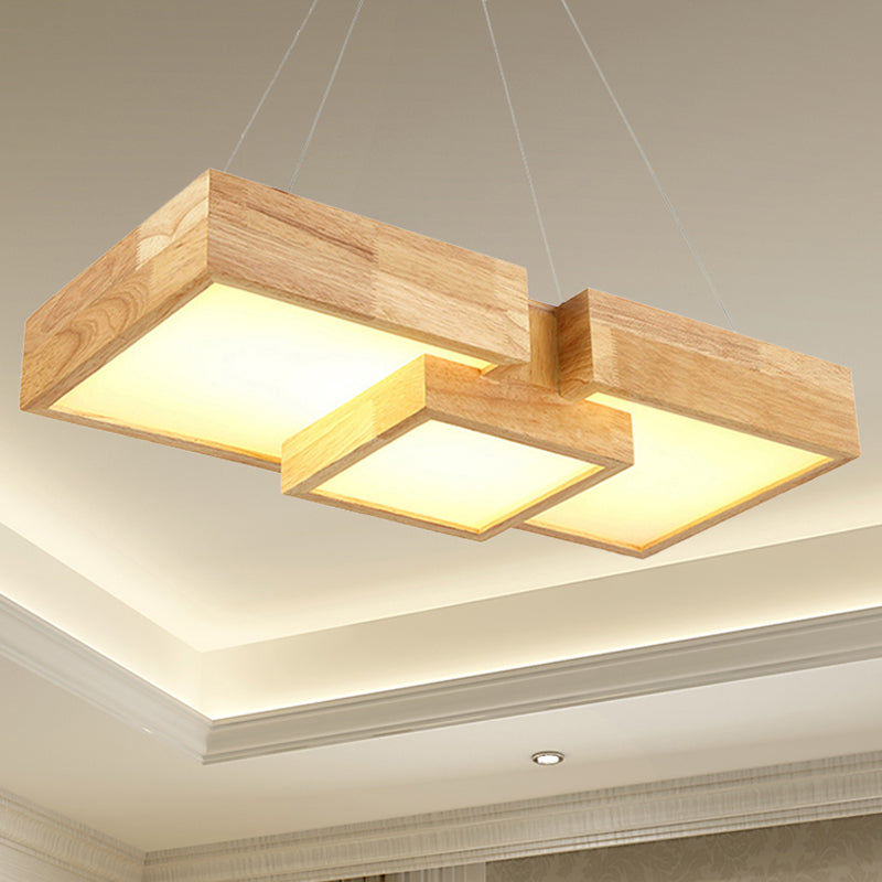 Modern Rhombus/Square LED Chandelier Pendant Wooden 3-Light Bedroom Ceiling Lamp in Warm/White