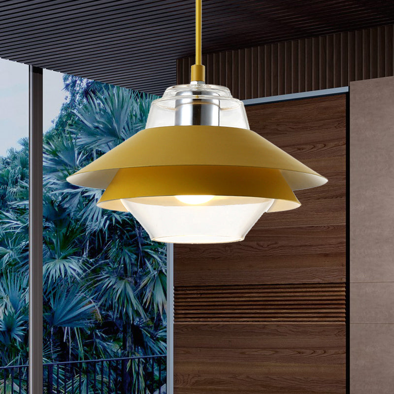 Gray/Yellow Flared Hanging Pendant Light Macaron Stylish 1 Light Metal Hanging Lamp with Inner Clear Glass Shade