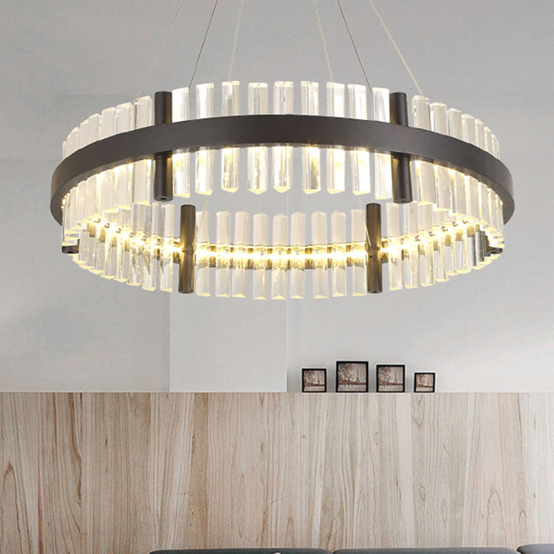 16"/23.5" Wide Round Pendant Chandelier Modern Crystal Black LED Hanging Lamp in Warm Light for Living Room