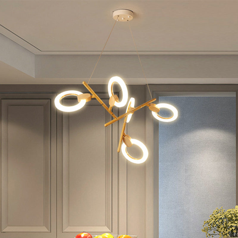 3/5/6 Lights Kitchen Ceiling Light with Branch Acrylic Shade Natural Wood Chandelier Lamp