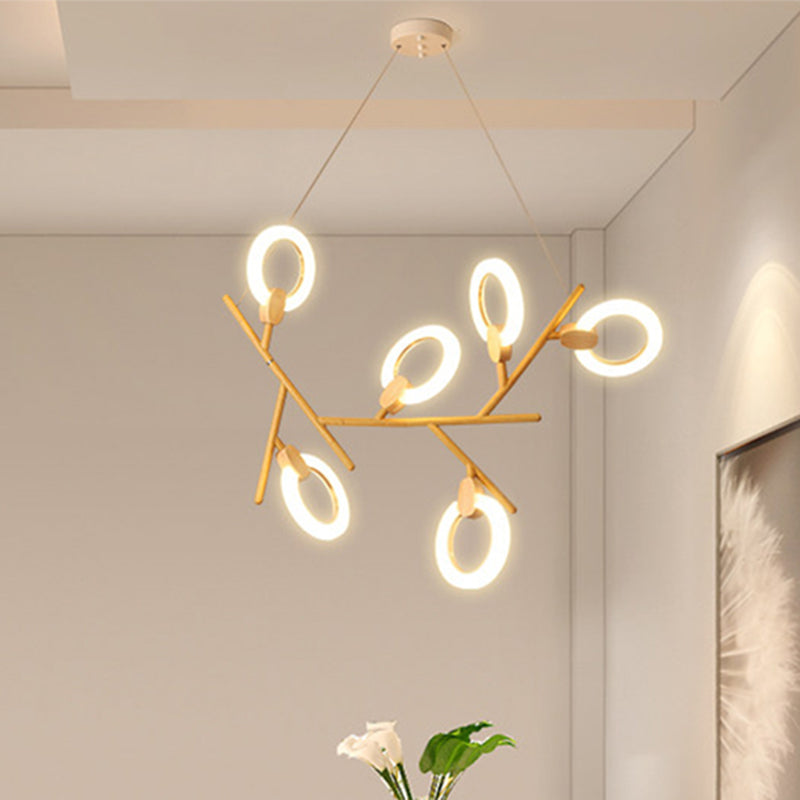 3/5/6 Lights Kitchen Ceiling Light with Branch Acrylic Shade Natural Wood Chandelier Lamp