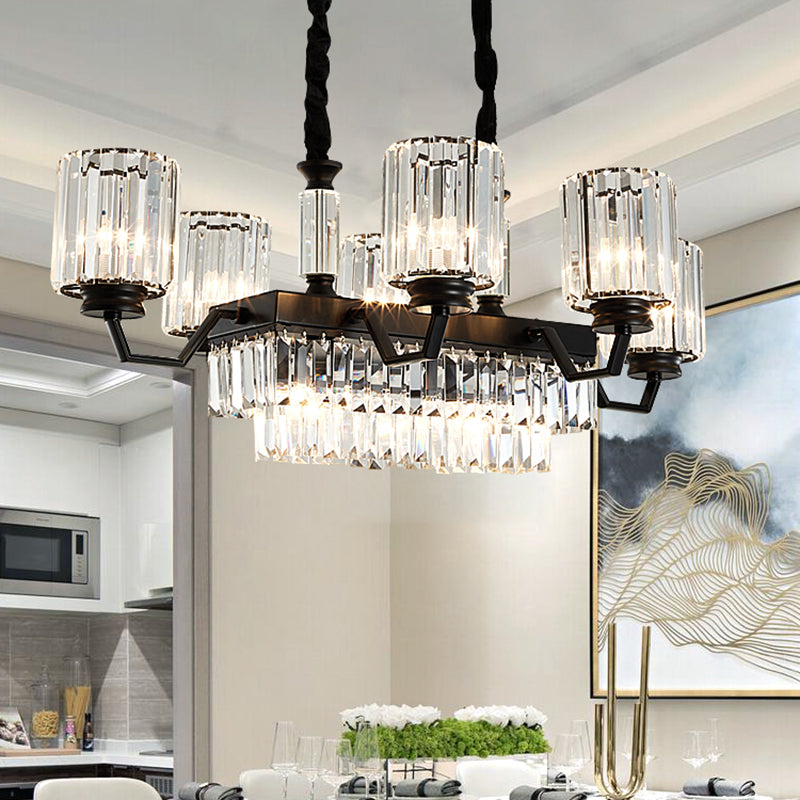 Cylinder Restaurant Island Light Fixture Contemporary Prismatic Crystal 9-Bulb Black Hanging Pendant