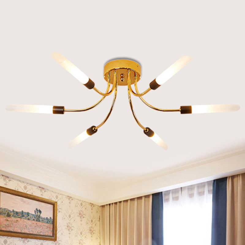Metall Sputnik Semi Flush Mount Lampe mit weißem Glasrohr Schatten zeitgenössischer 6/8 Lichter LED Gold Semi Flush Deckenleuchte