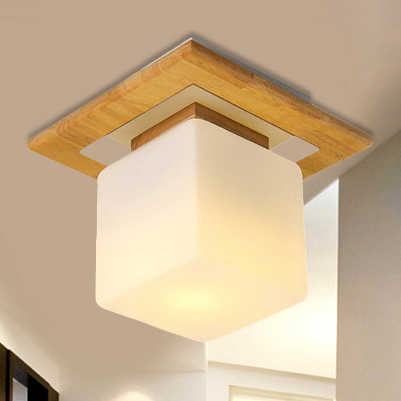 Square Semi Flush Mount Light Modern Wood 1 Light Brown Semi Mount Lamp with Milk Glass Shade