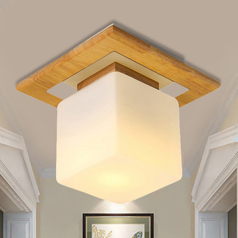 Square Semi Flush Mount Light Modern Wood 1 Light Brown Semi Mount Lamp with Milk Glass Shade