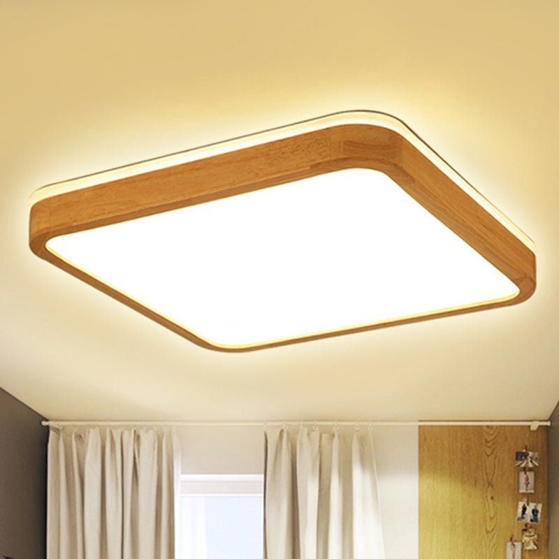 Square/Rectangle Wood Flush Mount Lamp Modern Led 12"/16"/19.5" Wide Beige Flush Mount Ceiling Light Fixture with Frosted Diffuser in Natural Light