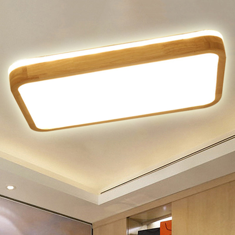Square/Rectangle Wood Flush Mount Lamp Modern Led 12"/16"/19.5" Wide Beige Flush Mount Ceiling Light Fixture with Frosted Diffuser in Natural Light