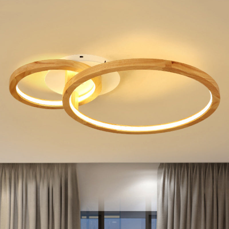 2-Tier Ring Wood Semi Flush Lamp Modern Led Brown Flush Semi Ceiling Light for Bedroom in Warm Light, 21.5"/28" Wide
