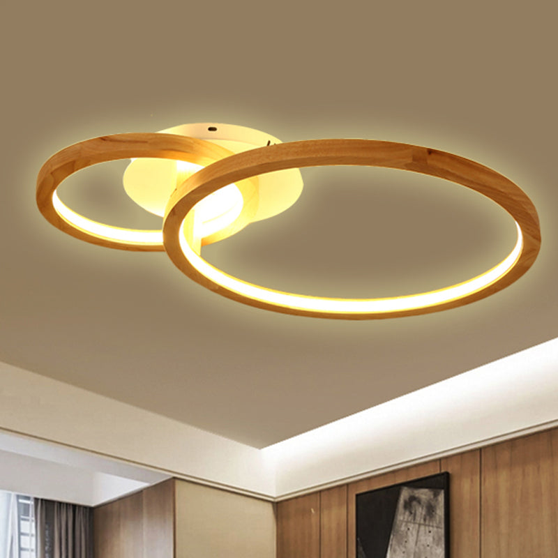 2-Tier Ring Wood Semi Flush Lamp Modern Led Brown Flush Semi Ceiling Light for Bedroom in Warm Light, 21.5"/28" Wide