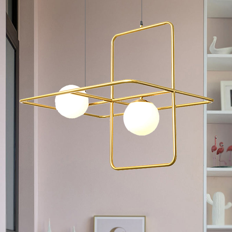 Crossed Rectangle Hanging Light with Globe Glass Shade Contemporary Metal 2/3/4 Heads Chandelier Light for Study Room