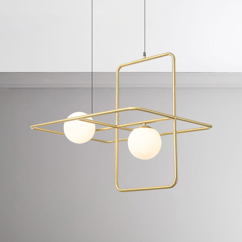 Crossed Rectangle Hanging Light with Globe Glass Shade Contemporary Metal 2/3/4 Heads Chandelier Light for Study Room