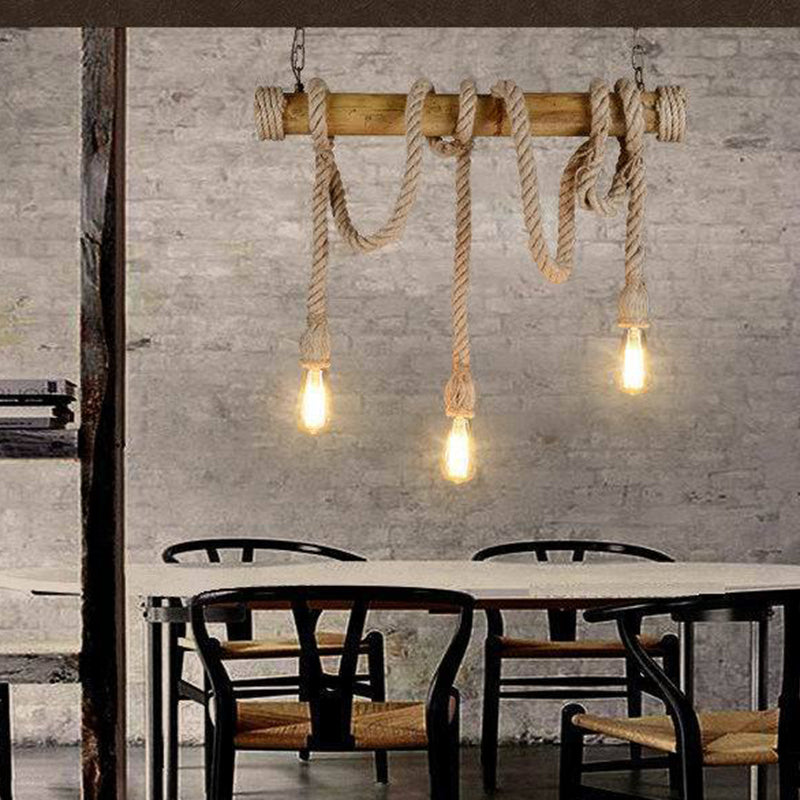 3-Light Bamboo Hanging Lamp Country Style Linear Restaurant Island Light with Hemp Rope