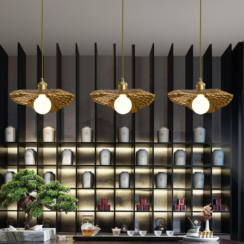 Hammered Metal Lotus Leaf Pendant Lamp Creative Postmodern 1-Light Brown Hanging Ceiling Light