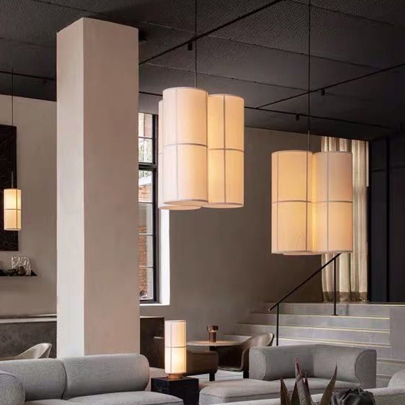White Cylindrical Suspension Lamp Minimalist 1 Head Fabric Ceiling Pendant for Dining Room