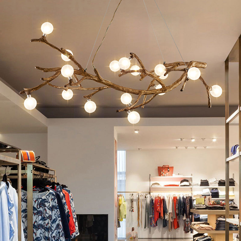 Metal Tree Branch Island Lighting Fixture Art Deco Wood Suspension Light with Ball Acrylic Shade