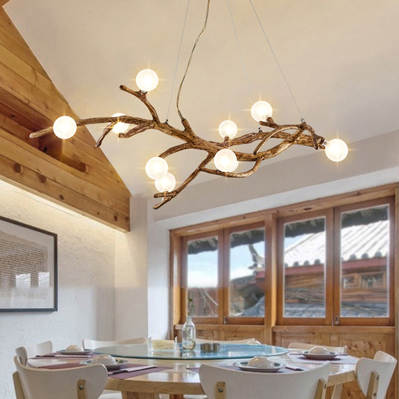 Metal Tree Branch Island Lighting Fixture Art Deco Wood Suspension Light with Ball Acrylic Shade