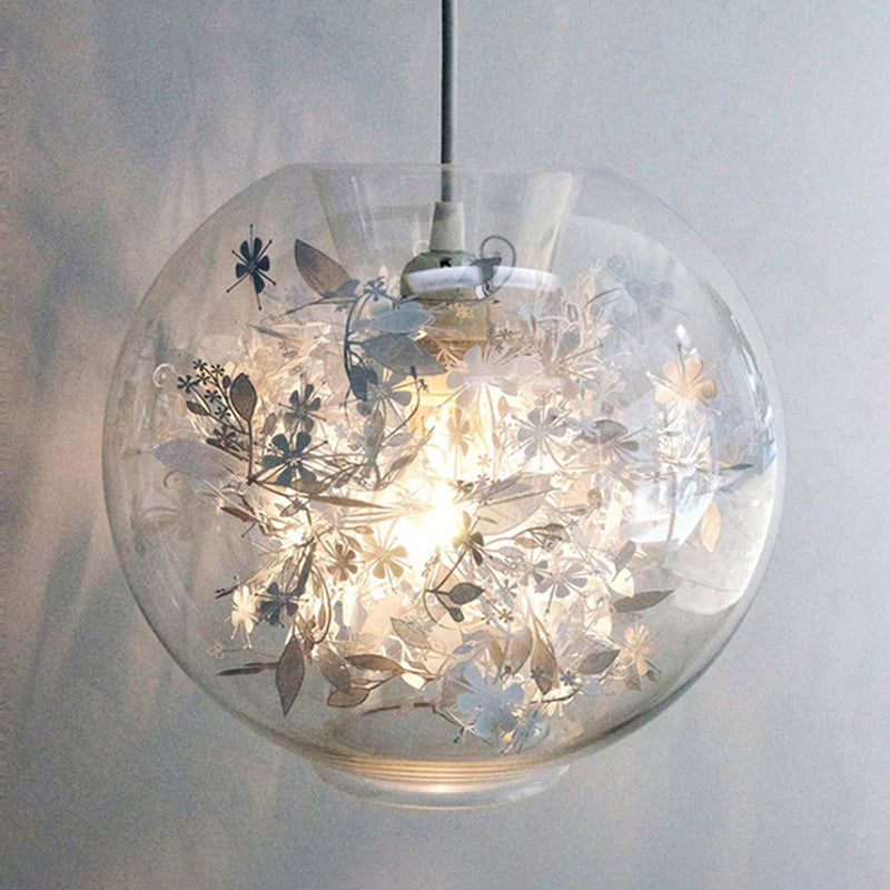 Global Transparent Glass Suspension Light Minimalist 1 Bulb Ceiling Pendant with Scattered Flower Deco