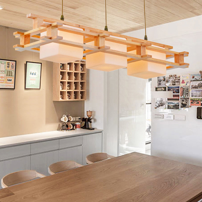 Cubo de vidrio crema colgante colgante Luz moderna 3 cabezas de la madera de la madera de iluminación de la isla