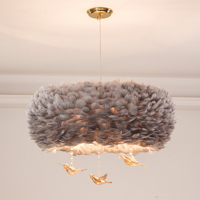 Feather Nest Shaped Chandelier Minimalism Pendant Light Fixture with Crystal Bird Decor