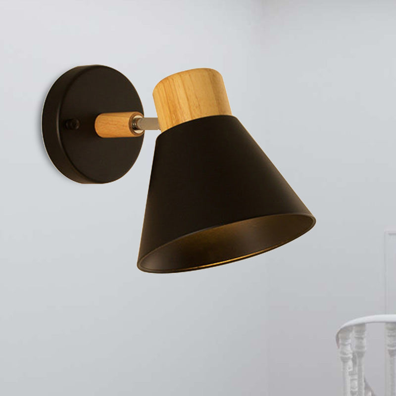 Nordic Stylish Cone Shade Wall Mount Light Metal and Wood 1 Bulb Bedside Rotatable Wall Sconce in Black/White