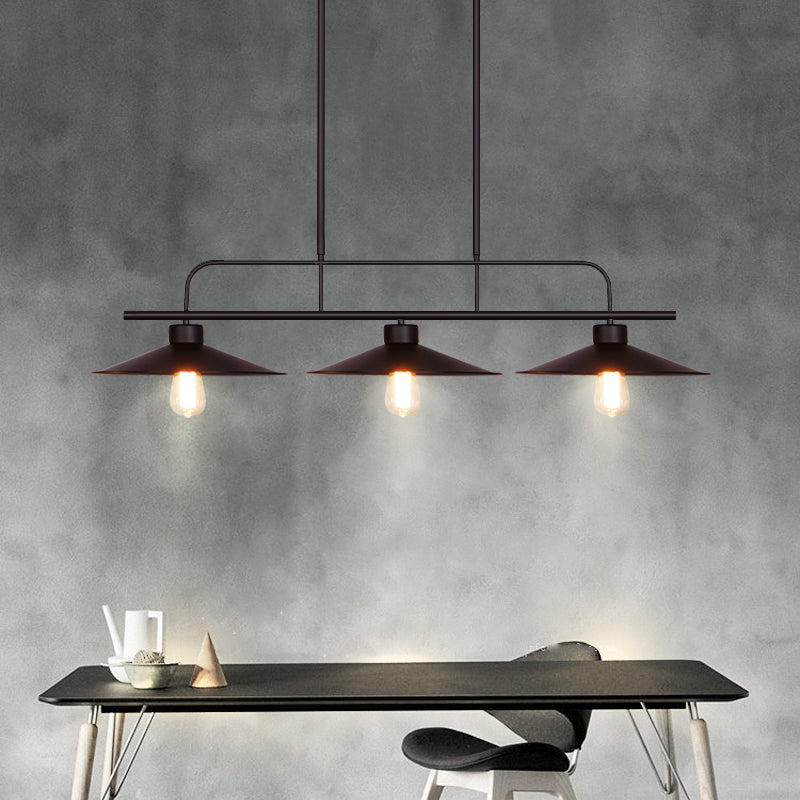 3 Lights Flared Hanging Lamp Industrial Black Finish Metal Island Light Fixture for Restaurant