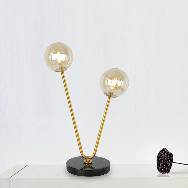 Lampe de table à abat-jour boule en verre moderne, 2 lumières, lampe de table dorée avec base en marbre
