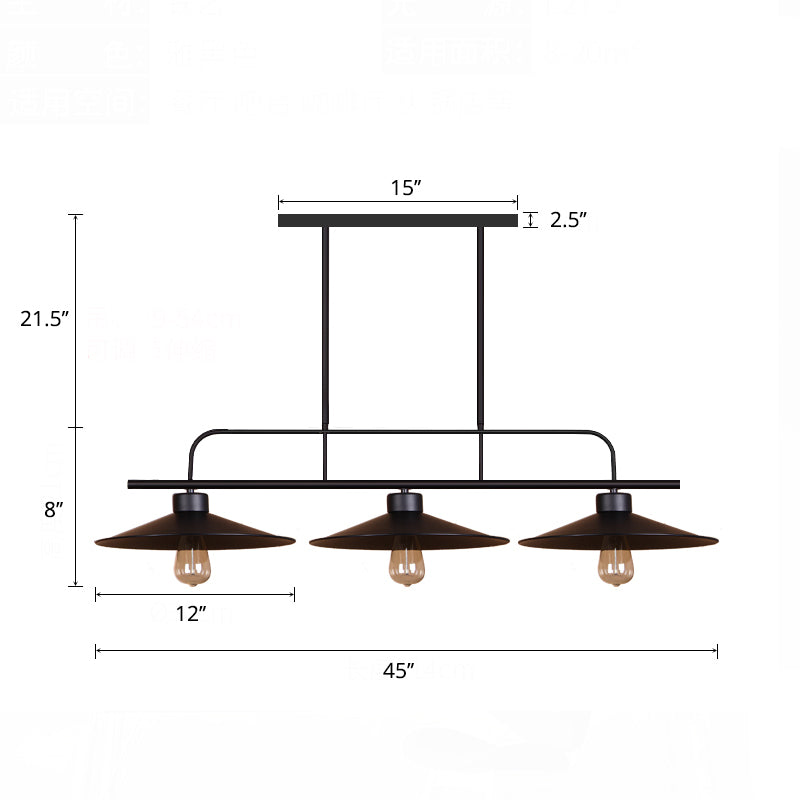 3 Lights Flared Hanging Lamp Industrial Black Finish Metal Island Light Fixture for Restaurant