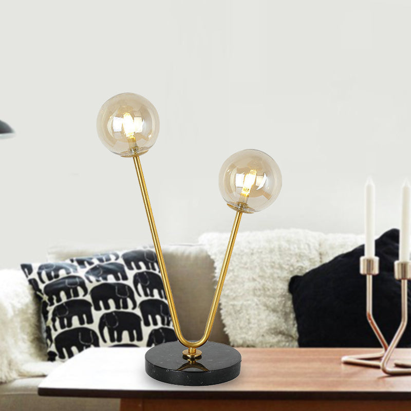 Lampe de table à abat-jour boule en verre moderne, 2 lumières, lampe de table dorée avec base en marbre