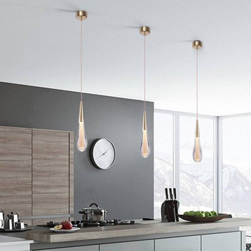Decorative Waterdrop Suspension Lamp Clear Crystal Glass Dining Room LED Pendant Light in Gold