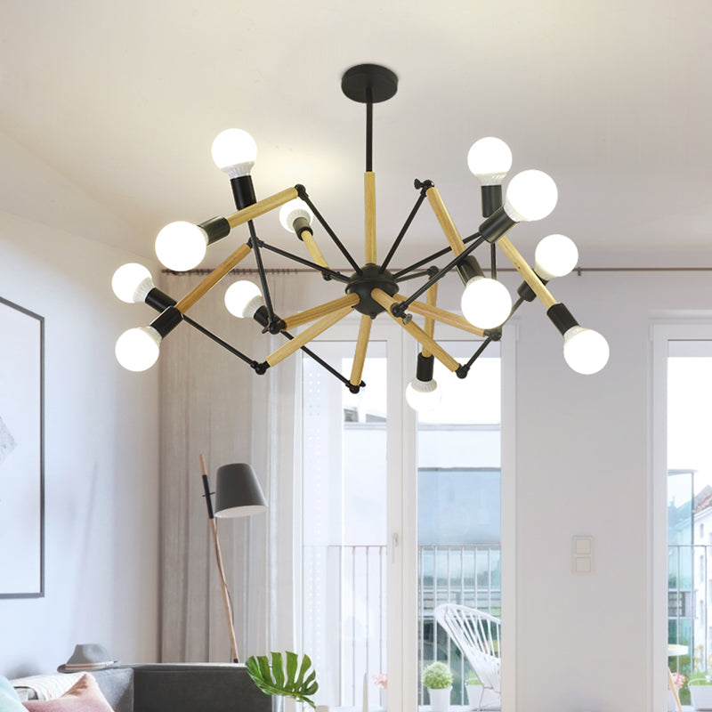 Black and Wood Spider Chandelier Loft Style Metal Living Room Ceiling Hang Light