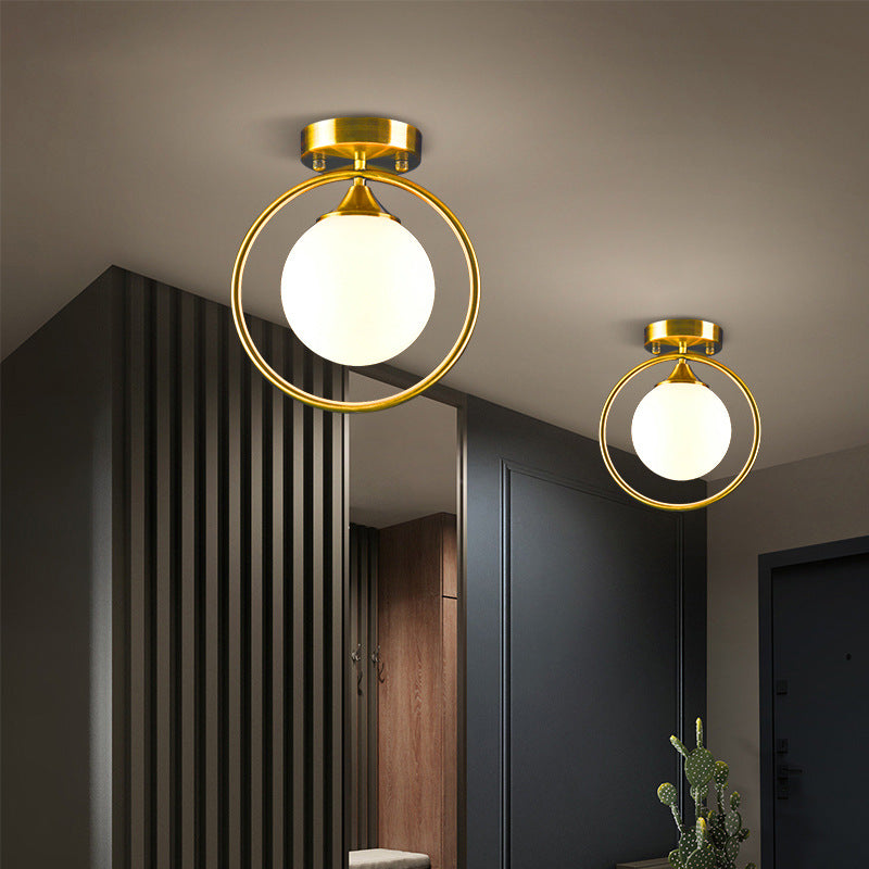 Postmodern Ball Ceiling Lighting Glass 1-Light Corridor Semi-Flush Mount Light with Brass Metal Ring