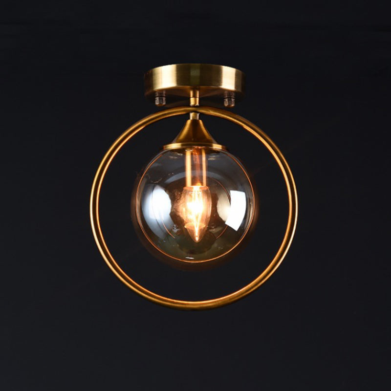 Postmodern Ball Ceiling Lighting Glass 1-Light Corridor Semi-Flush Mount Light with Brass Metal Ring