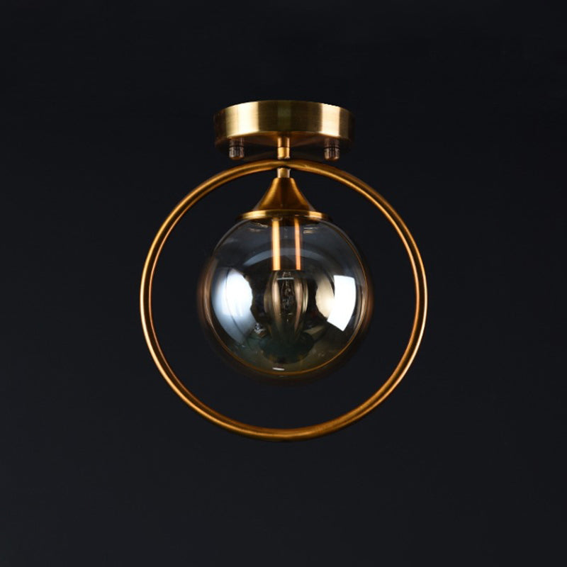 Postmodern Ball Ceiling Lighting Glass 1-Light Corridor Semi-Flush Mount Light with Brass Metal Ring