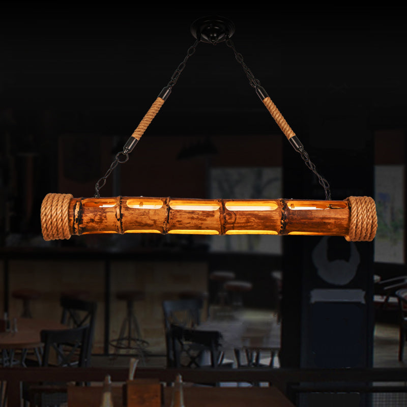 Bamboo Pole LED Suspension Light Fixture Lodge Style Dining Room Island Lamp in Wood